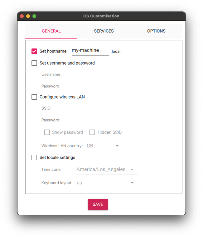 Raspberry Pi Imager window showing the advanced options menu with set hostname checked and set to my-machine.local.